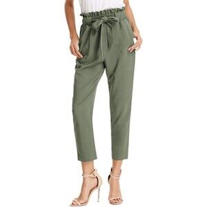 Grace Karin Womens Paperbag High-Waist Pants w Tie Belt Green Sz XS